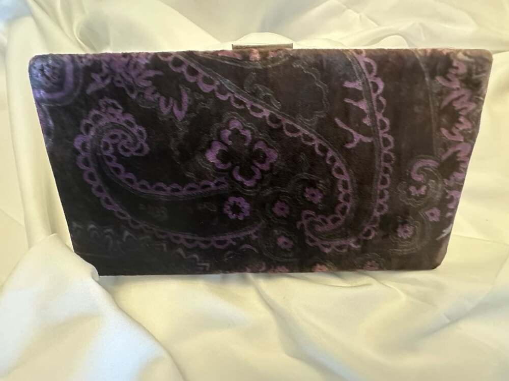 Banana Republic Vintage Velvet Purple Paisley Print Box Clutch Handbag Purse